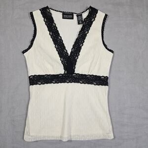 New York & Company Babydoll Tank Womens XS Ivory Black Lace Coquette Y2K Preppy